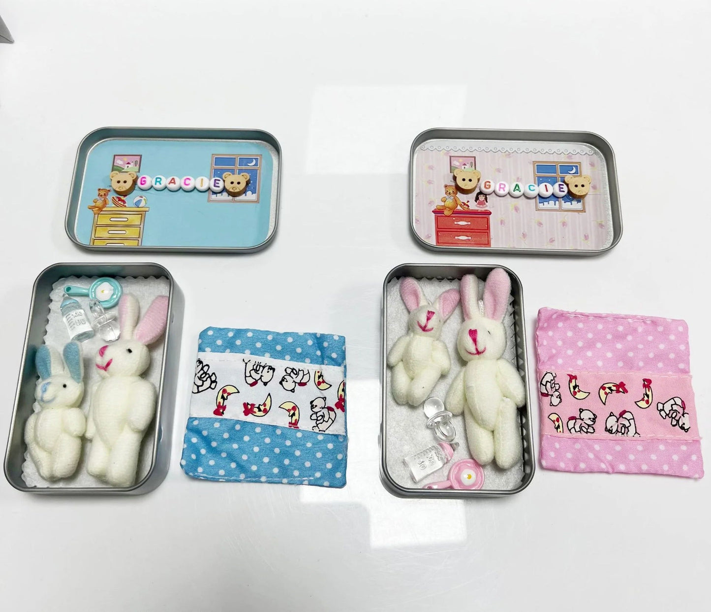 🐰 Personalized Cute Mom and Baby Plush Bunny Mini Pocket Tin Box with Colorful Name Comfort Toy Easter Birthday Gift for Kids