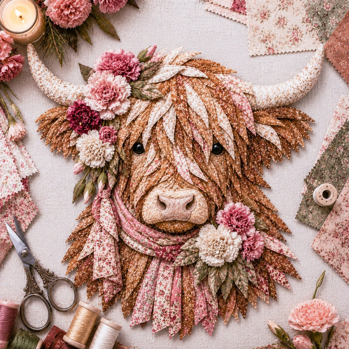 ⏰LAST DAY 49% OFF - 🐮💐🌸 IEY® Birth Flower Highland Cow 3D Layered Fabric Art DIY Kit | Complete Kit Included ✂️ Pre-Cut Pieces • Glue or Stitch Your Way • Create a Cozy 3D Highland Cow Decor 💕