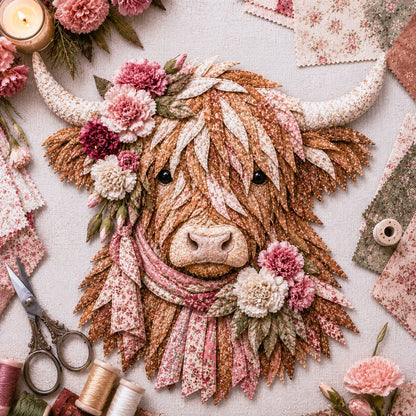 ⏰LAST DAY 49% OFF - 🐮💐🌸 IEY® Birth Flower Highland Cow 3D Layered Fabric Art DIY Kit | Complete Kit Included ✂️ Pre-Cut Pieces • Glue or Stitch Your Way • Create a Cozy 3D Highland Cow Decor 💕