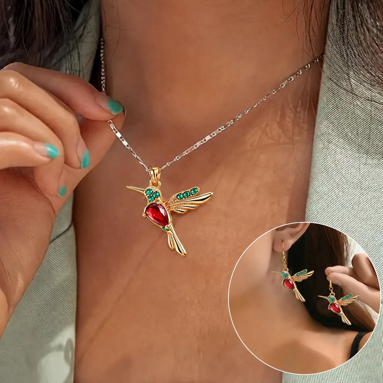🔥 Last Day: 50% OFF!! | CZTICLE® 🦜2026 Brand-New Upgrade 💥 Exquisite Red Agate Hummingbird Necklace  with Bonus Earrings