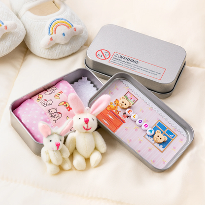 🐰 Personalized Cute Mom and Baby Plush Bunny Mini Pocket Tin Box with Colorful Name Comfort Toy Easter Birthday Gift for Kids