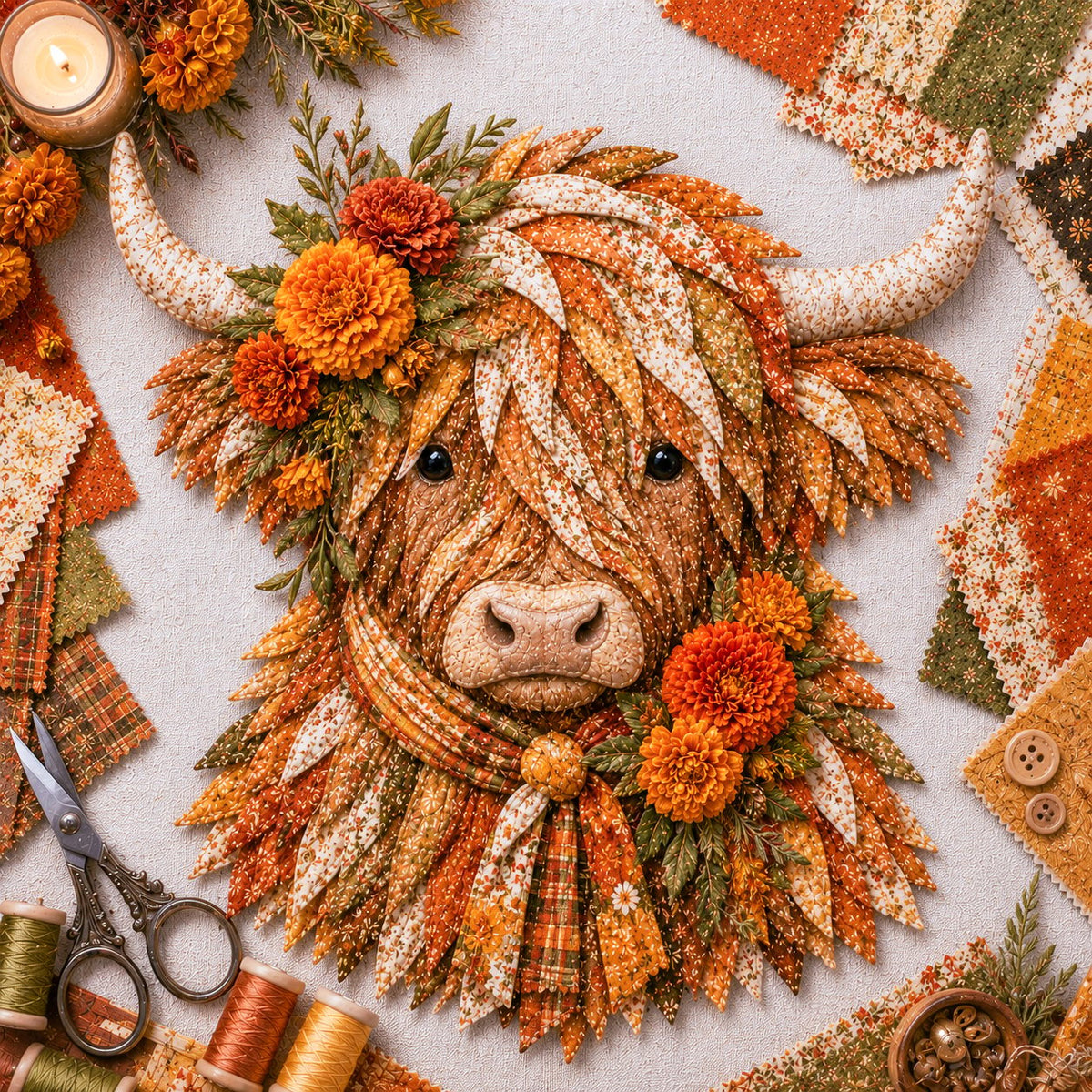 ⏰LAST DAY 49% OFF - 🐮💐🌸 IEY® Birth Flower Highland Cow 3D Layered Fabric Art DIY Kit | Complete Kit Included ✂️ Pre-Cut Pieces • Glue or Stitch Your Way • Create a Cozy 3D Highland Cow Decor 💕
