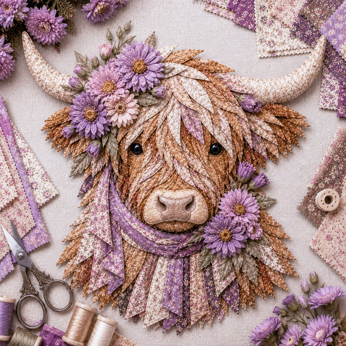 ⏰LAST DAY 49% OFF - 🐮💐🌸 IEY® Birth Flower Highland Cow 3D Layered Fabric Art DIY Kit | Complete Kit Included ✂️ Pre-Cut Pieces • Glue or Stitch Your Way • Create a Cozy 3D Highland Cow Decor 💕