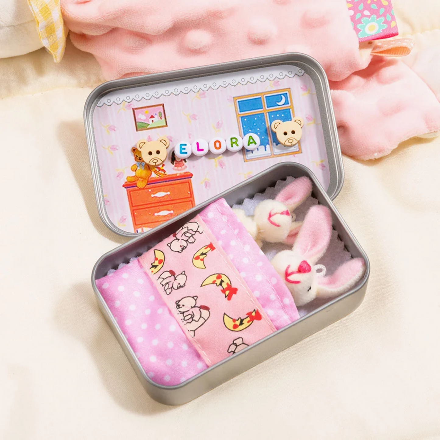 🐰 Personalized Cute Mom and Baby Plush Bunny Mini Pocket Tin Box with Colorful Name Comfort Toy Easter Birthday Gift for Kids