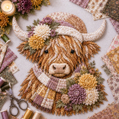 ⏰LAST DAY 49% OFF - 🐮💐🌸 IEY® Birth Flower Highland Cow 3D Layered Fabric Art DIY Kit | Complete Kit Included ✂️ Pre-Cut Pieces • Glue or Stitch Your Way • Create a Cozy 3D Highland Cow Decor 💕