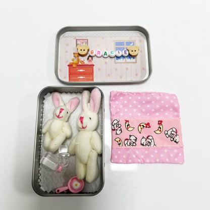 🐰 Personalized Cute Mom and Baby Plush Bunny Mini Pocket Tin Box with Colorful Name Comfort Toy Easter Birthday Gift for Kids