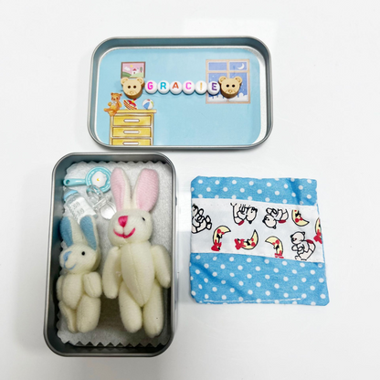 🐰 Personalized Cute Mom and Baby Plush Bunny Mini Pocket Tin Box with Colorful Name Comfort Toy Easter Birthday Gift for Kids