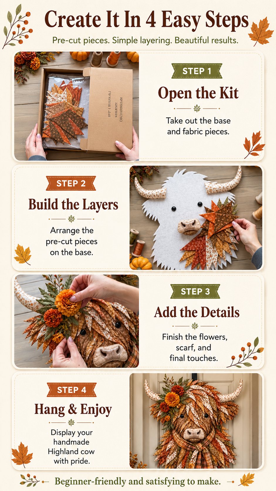⏰LAST DAY 49% OFF - 🐮💐🌸 IEY® Birth Flower Highland Cow 3D Layered Fabric Art DIY Kit | Complete Kit Included ✂️ Pre-Cut Pieces • Glue or Stitch Your Way • Create a Cozy 3D Highland Cow Decor 💕