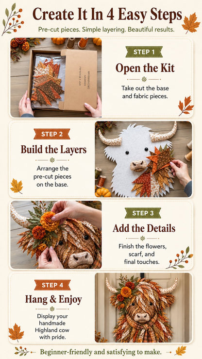 ⏰LAST DAY 49% OFF - 🐮💐🌸 IEY® Birth Flower Highland Cow 3D Layered Fabric Art DIY Kit | Complete Kit Included ✂️ Pre-Cut Pieces • Glue or Stitch Your Way • Create a Cozy 3D Highland Cow Decor 💕